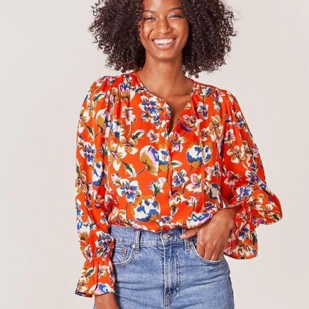 Tucker Juliette Blouse Georgia Blossoms in Citrus Silk Stretch Charmeuse Floral